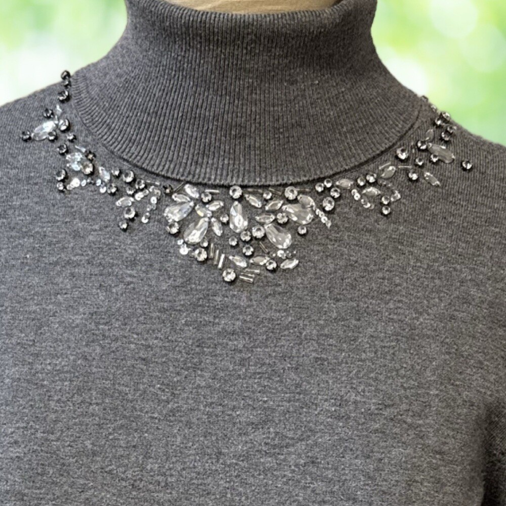 BCBGMAXAZRIA Jeweled Turtleneck Sweater Hand Beaded Rhinestone Gray Size XL